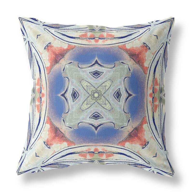 HomeRoots 16" X 16" Cream And Blue Blown Seam Geometric Indoor Outdoor Throw Pillow - 16.00' X '5.00' X '16.00