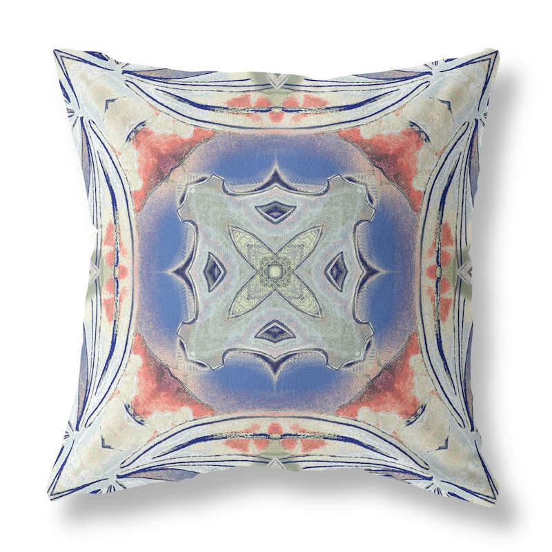 HomeRoots 26" X 26" Cream And Blue Blown Seam Geometric Indoor Outdoor Throw Pillow