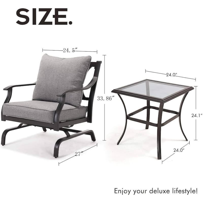 Grand Patio Black 3-Piece Metal Outdoor Bistro Sets With Gray Cushions and Glass Coffee Table