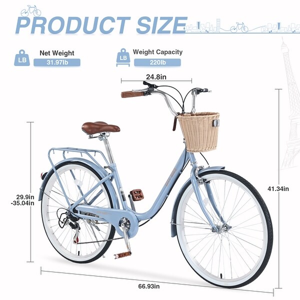 7-Speed City Bike for Women with Basket, 26 Inch Steel Frame