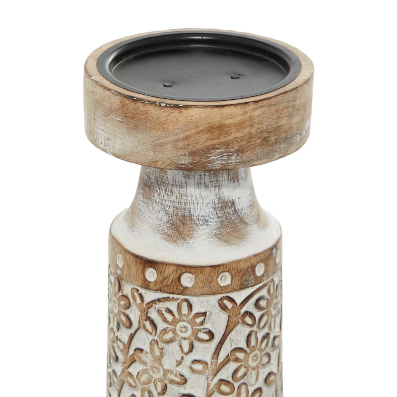 Mango Wood Floral Handmade Carved Pillar Candle Holder with Cream Accents - Set of 3 Brown - Roche River Decor
