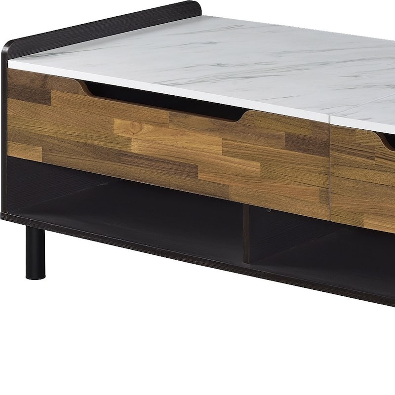 HomeRoots 47" White Black and Brown Faux Marble And Wood Lift Top Coffee Table With Drawer And Two Shelves - 47' X '24' X '24