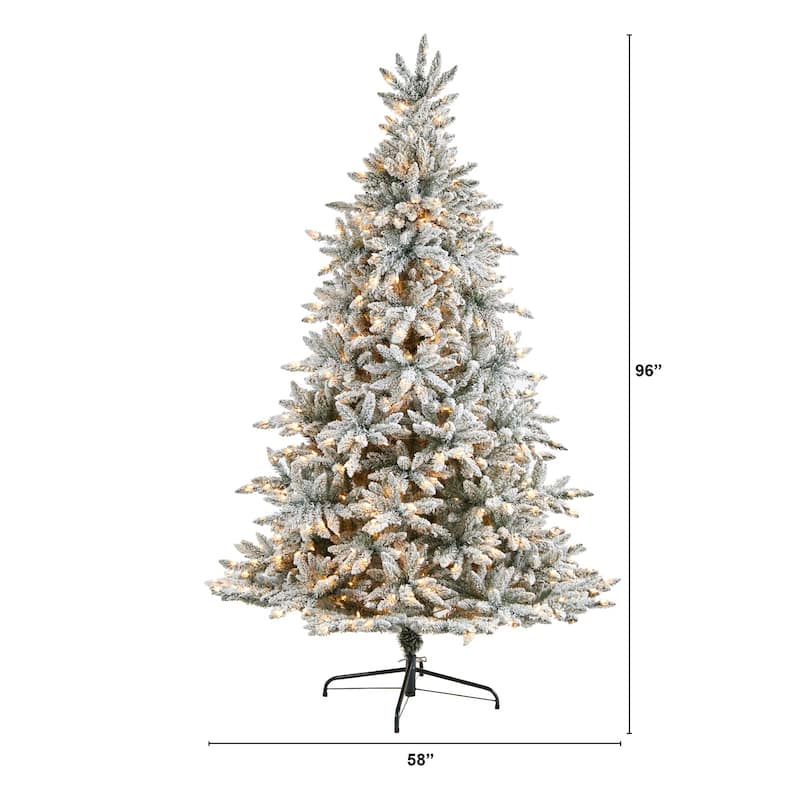 8ft. Flocked Spruce Artificial Christmas Tree with 600 Clear Lights & 1856 Branches - Snowy Winter Holiday X-Mas Centerpiece