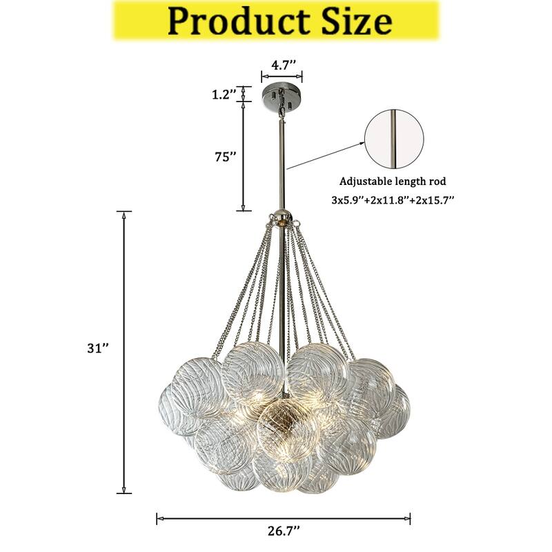 CraftHome Modern Glam Cluster Chandelier 6 Lights Pendant with Textured Glass Globes And Chrome Finish for Dining Room - W27''