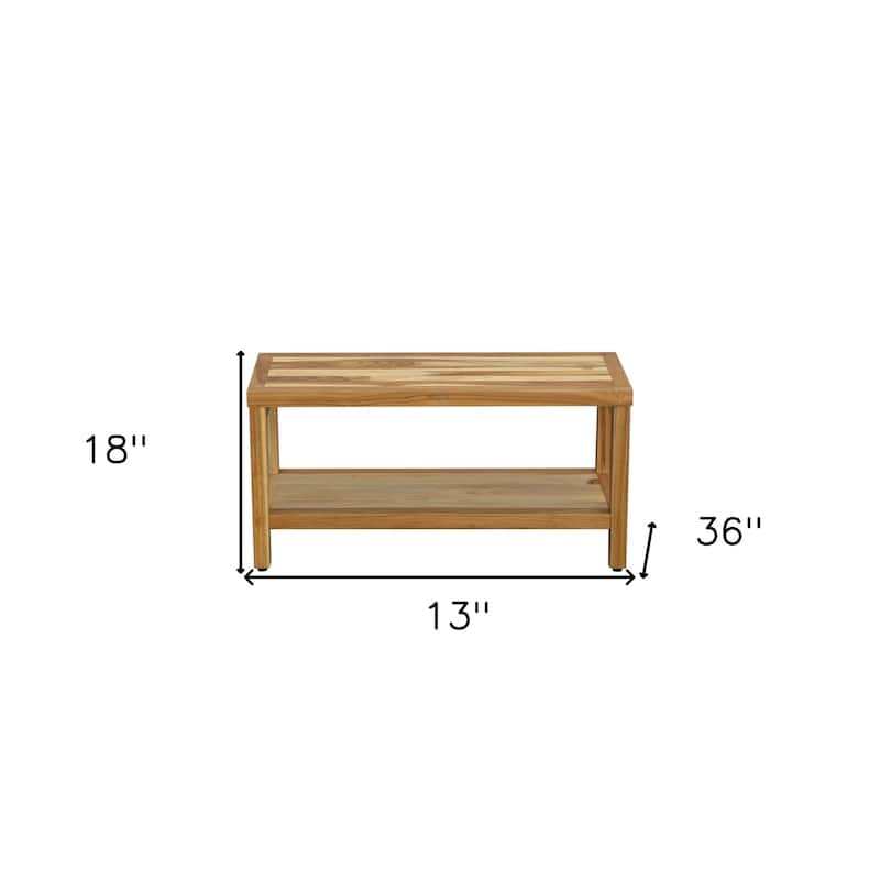 HomeRoots 36" Natural Solid Teak Rectangular Shower Bench With Shelf