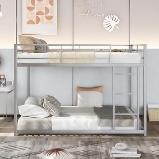 Modern Design Low Bunk Bed, Sturdy Frame and Safety Guaranteed with Ladder, Full over Full, Silver