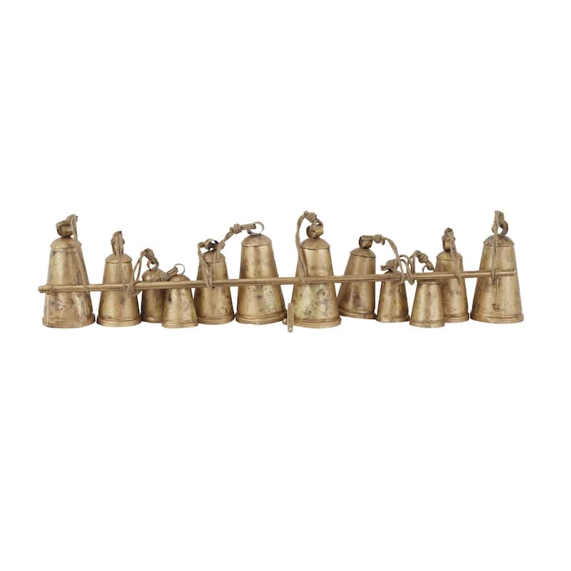 Bronze Metal Tibetan Inspired Indoor Outdoor Decorative Cow Bells with 12 Bells on Jute Hanging Rope and Metal Rod
