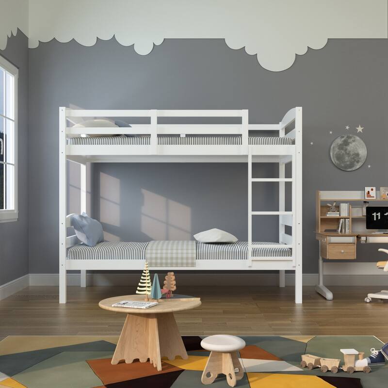White/Espresso Wood Twin Over Twin Bunk Bed with Staircase