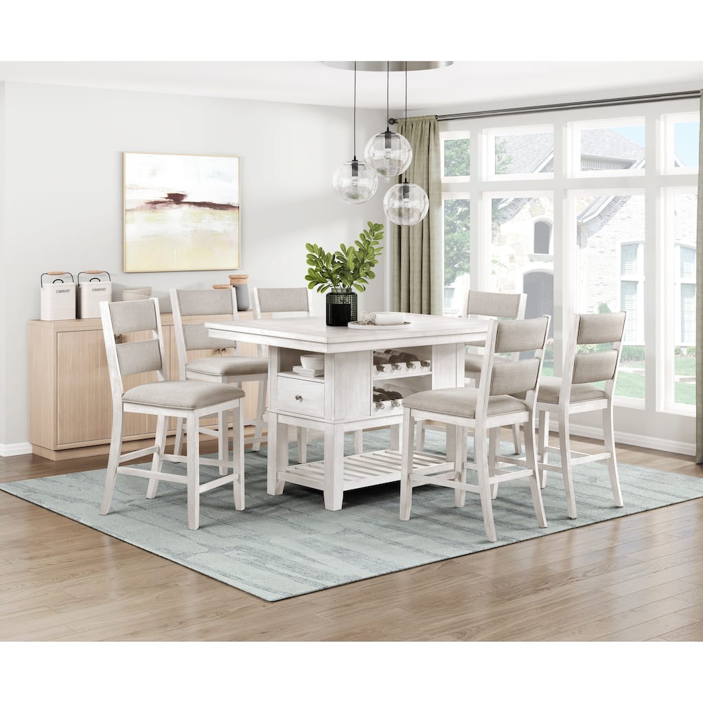 7pc Counter Height Dining Set Antique White Finish Table with Storage Drawers Wine-Rack Shelves 6x Chairs