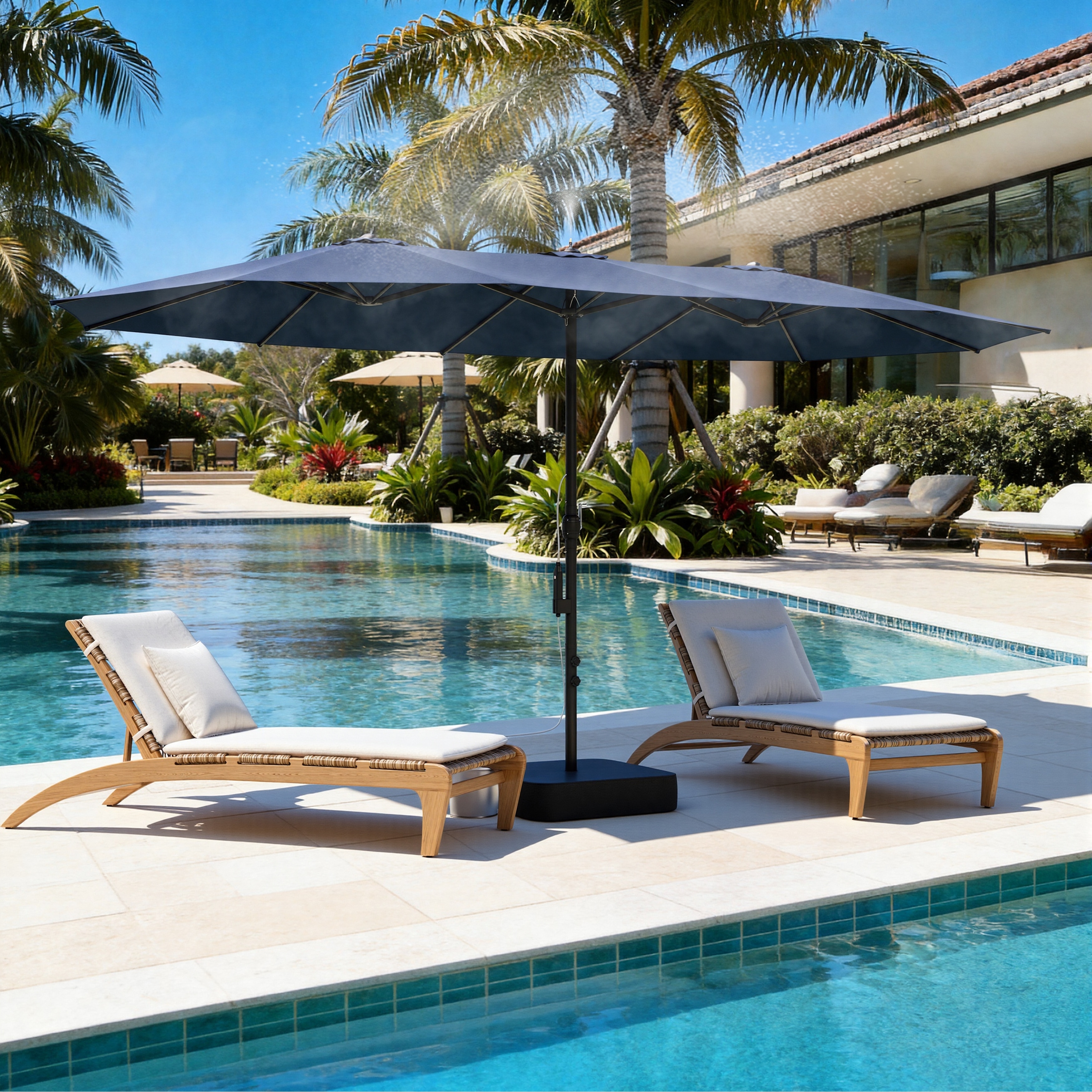 15 x 9 FT Double Patio Umbrella with Rechargeable Mist System, Heavy Duty Base Included, Outdoor Backyard Pool Umbrella