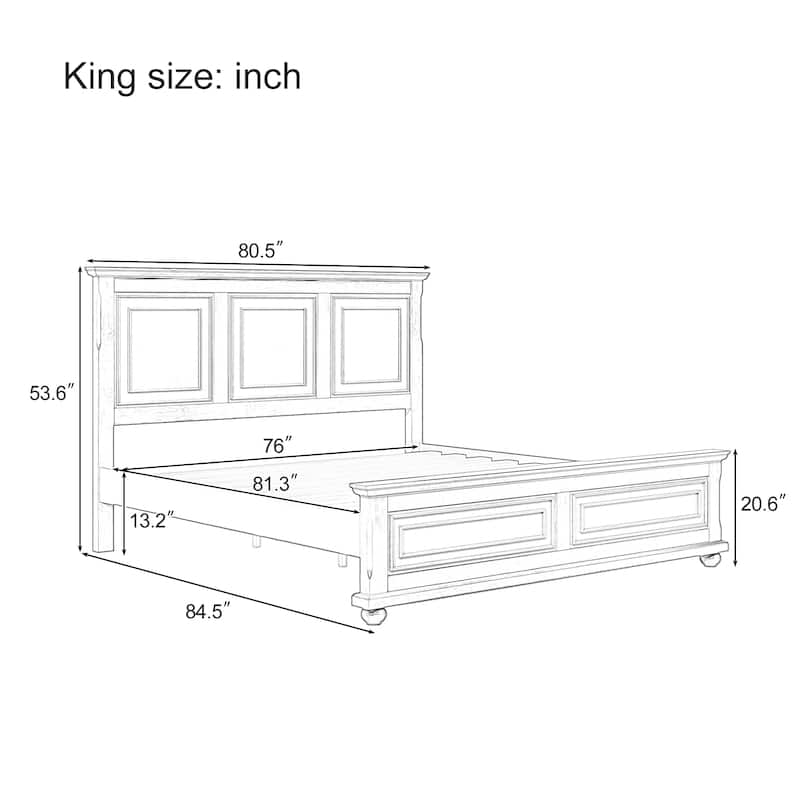 Traditional Town and Country Style Pinewood Vintage King Bed