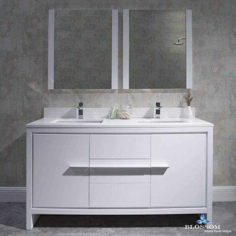 Blossom 60-Inch Double Bathroom Vanity Set with Acrylic Sinks & Mirror - Glossy White