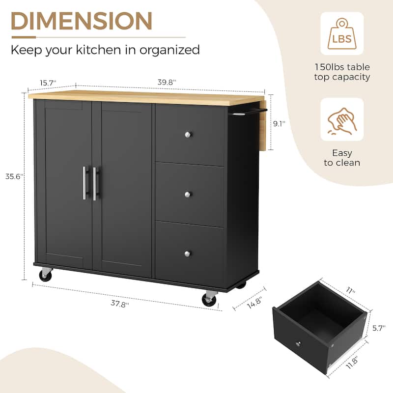 Rolling Kitchen Island with Storage Cabinet & 3 Drawers – Mobile Storage Cart with Extendable Countertop for Small Spaces