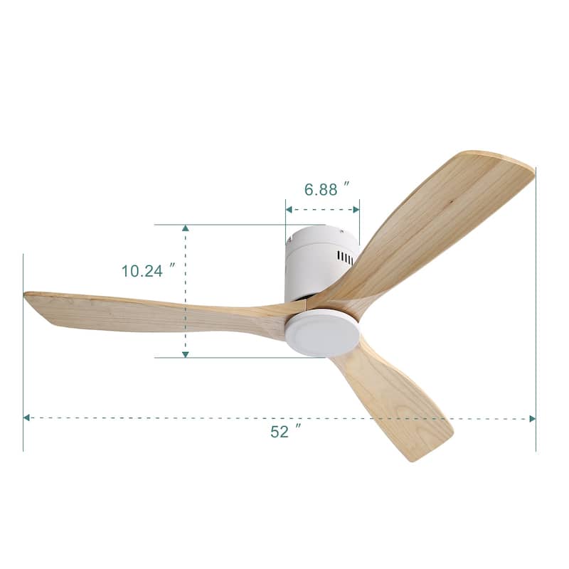 52" Flush Mount Ceiling Fan without Light,Reversible DC Motor,Wood Blades,White and Burlywood - 52