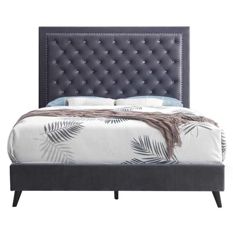 Upholstered Tufted Velvet Queen Panel Bed - 87" - Gray