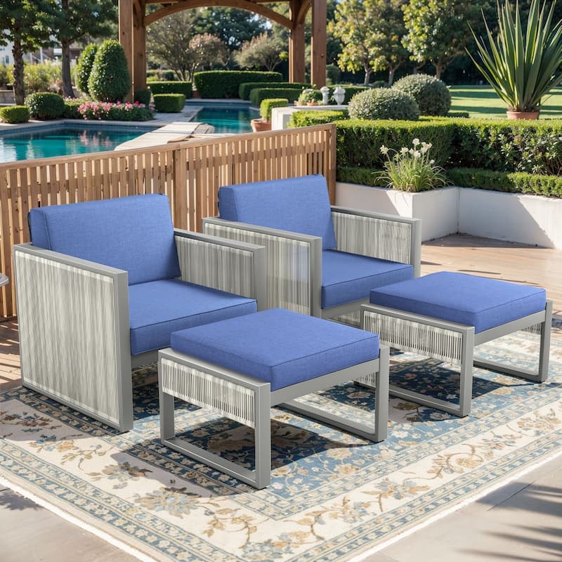 Pocassy 5 Inch Outdoor Patio Funiture Sets - Blue Cushion - 4PCS Patio Chairs with Ottoman