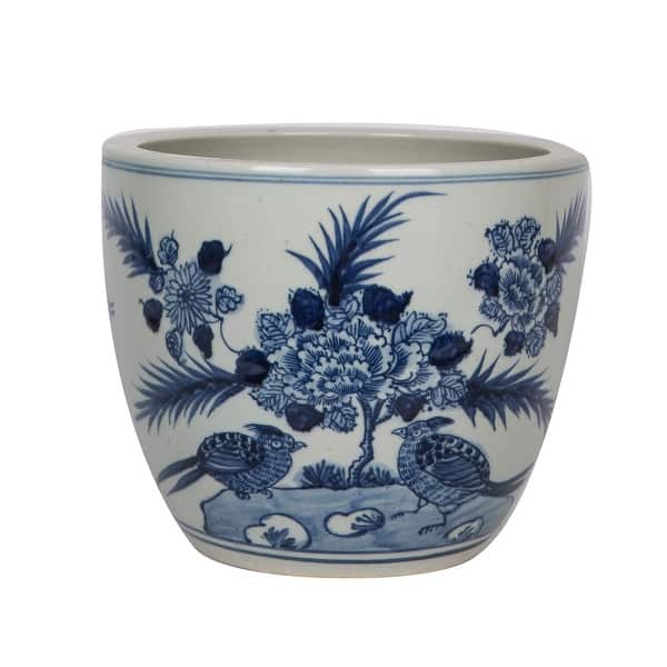 slide 2 of 3, Blue And White Porcelain Planter Peony With Bird Motif