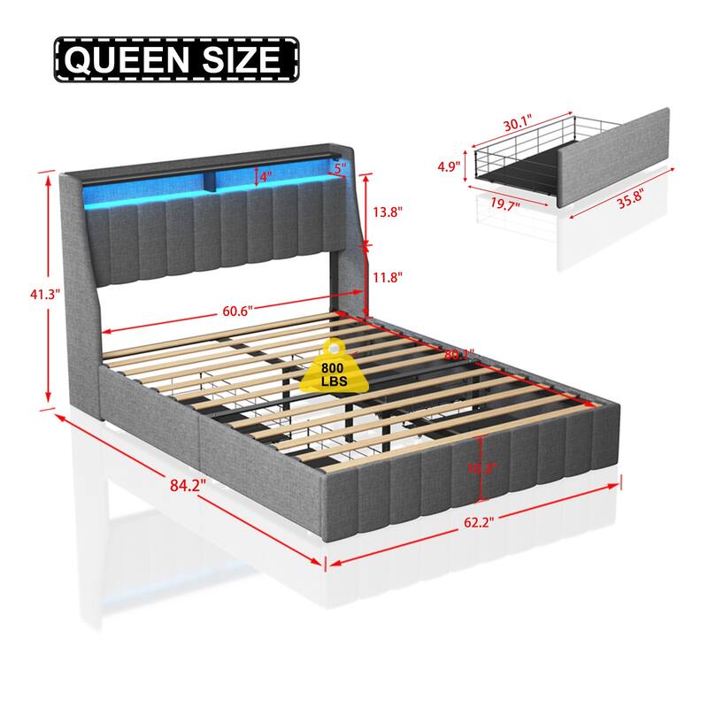 Queen Size Bed Frame with LED Lights, 4 Storage Drawers, Wings Headboard, Light Grey