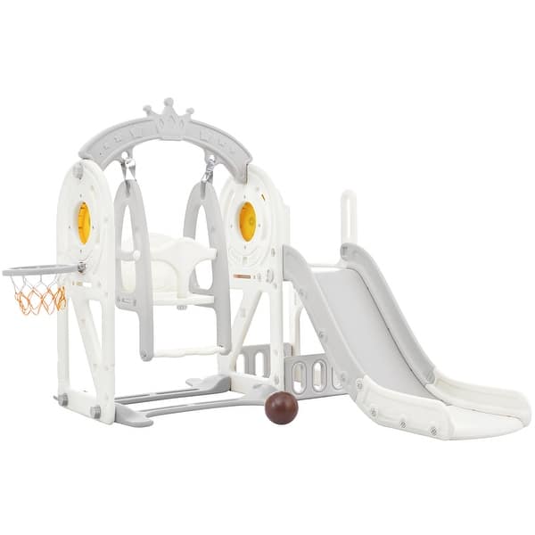 slide 2 of 7, 5-in-1 Toddler Slide Swing Set Outdoor Indoor Playground Slide Playset With Climber Basketball Hoop Grey