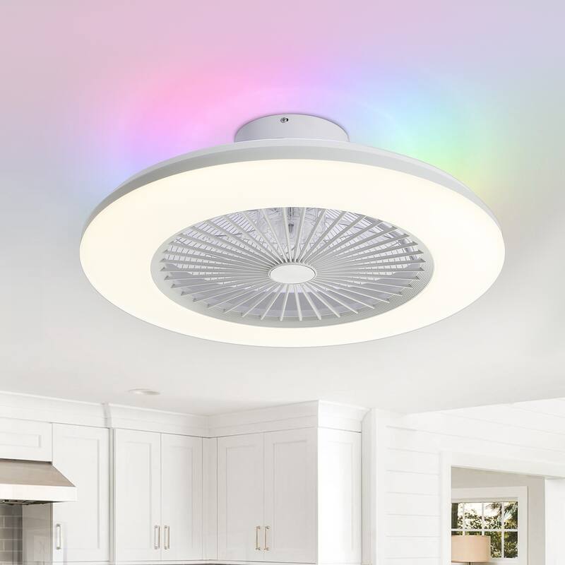 22" White Enclosed Low Profile Caged Smart LED Ceiling Fan Works with Alexa/Google/APP