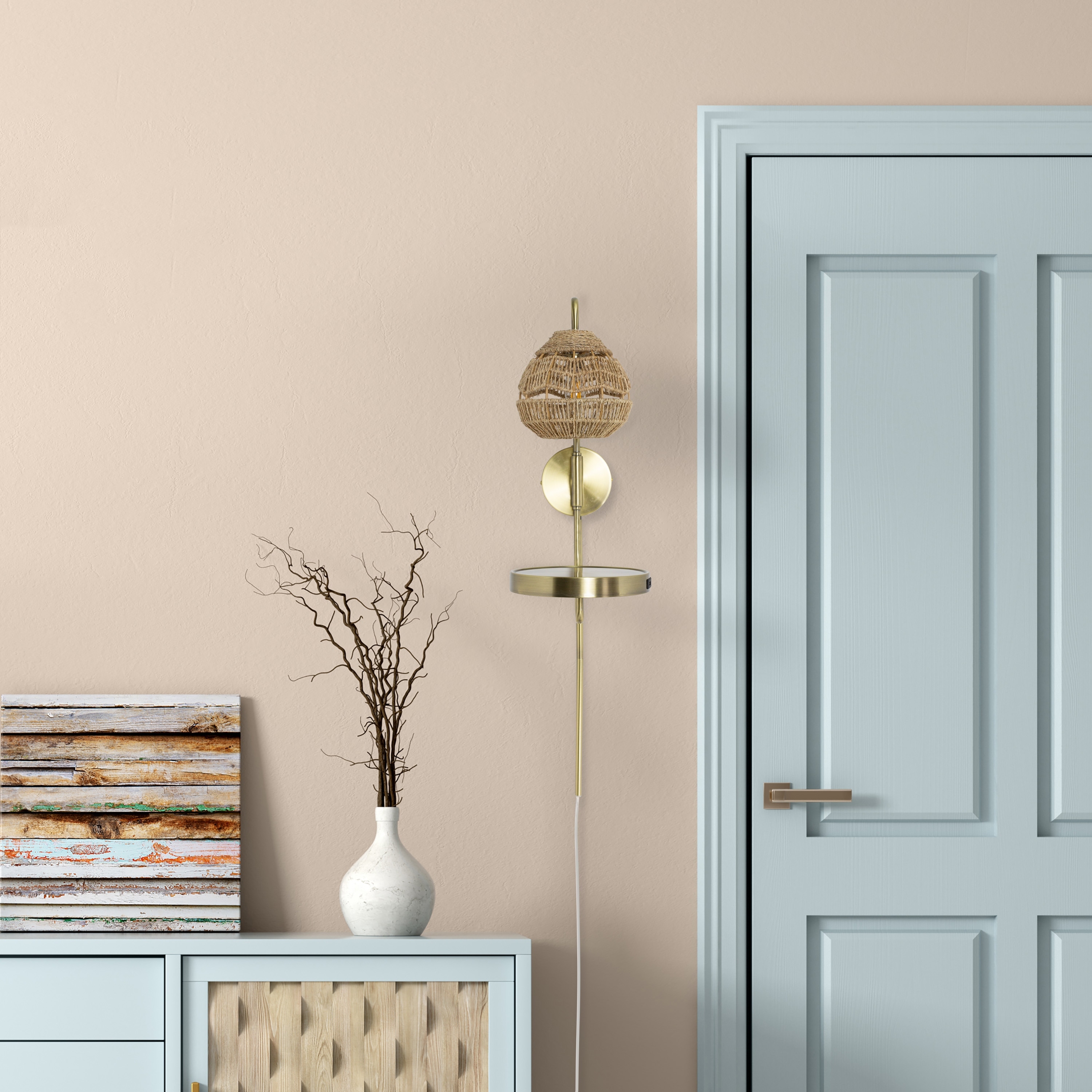 River of Goods Alexander Gold Rattan and Metal Charging Shelf Wall Sconce - 12" x 8.75" x 32.75"