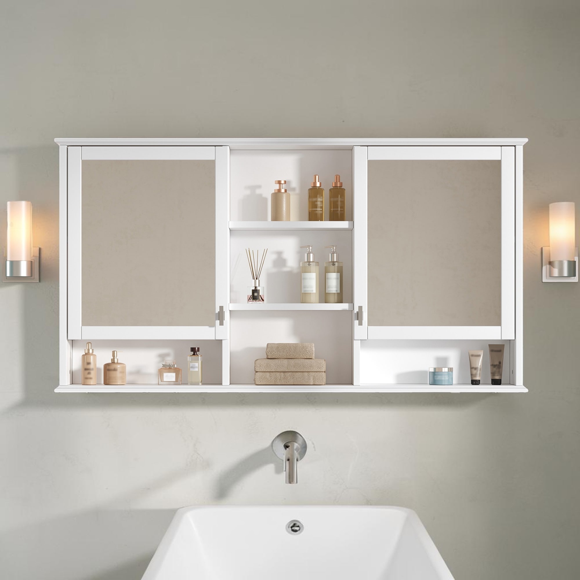 55'' Wall Mounted Mirror Medicine Cabinet with Adjustable Shelves and Soft-Close Hinges