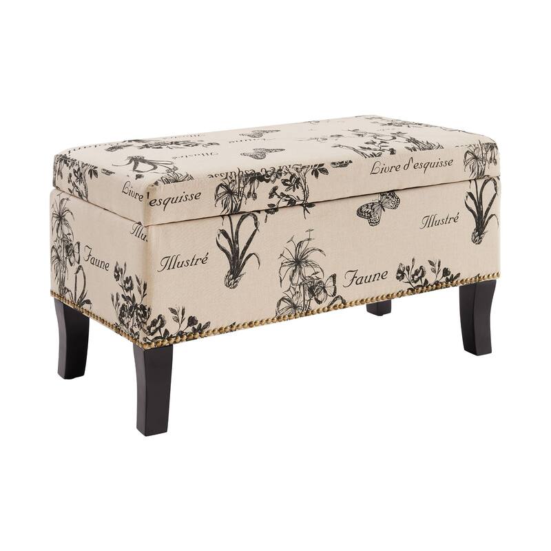 Upholstered Rectangular Botanical Storage Ottoman - 32" - Black