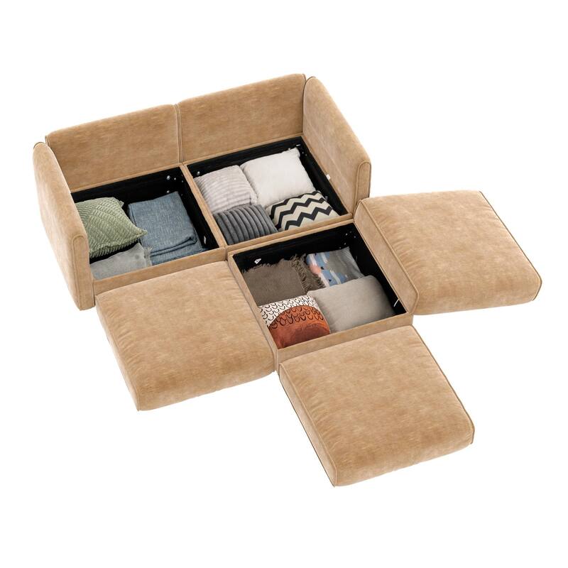 75.5" 2-Seater Chenille Sofa with Ottoman Storage, Cylindrical Backrest and Modular Design