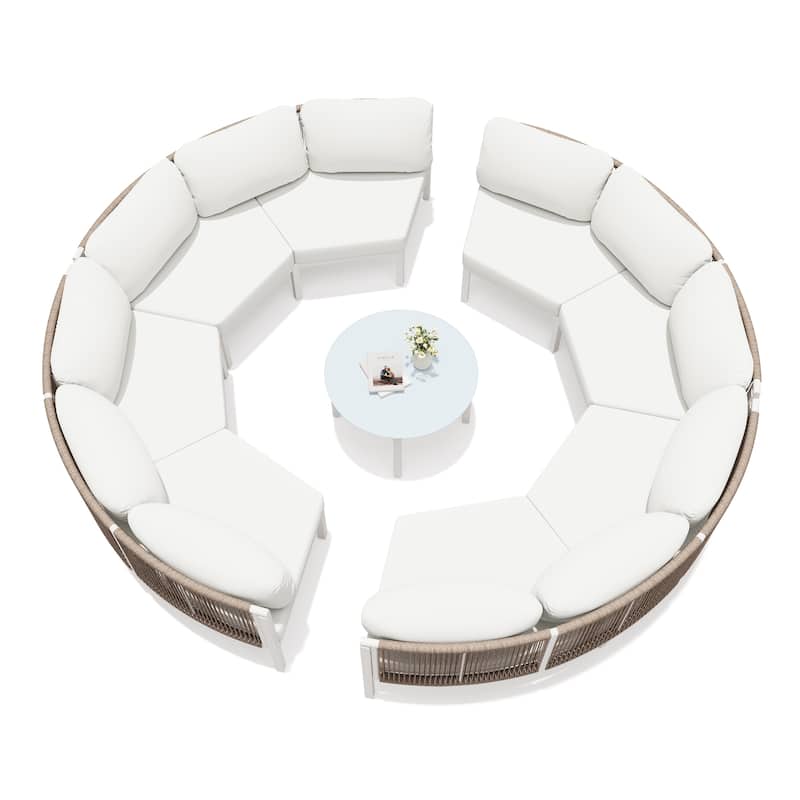 Outdoor All-Weather Aluminum Half Moon Curved Sofa Rattan Sectional Sofa Deep Seating Patio Outdoor Conversation Sets