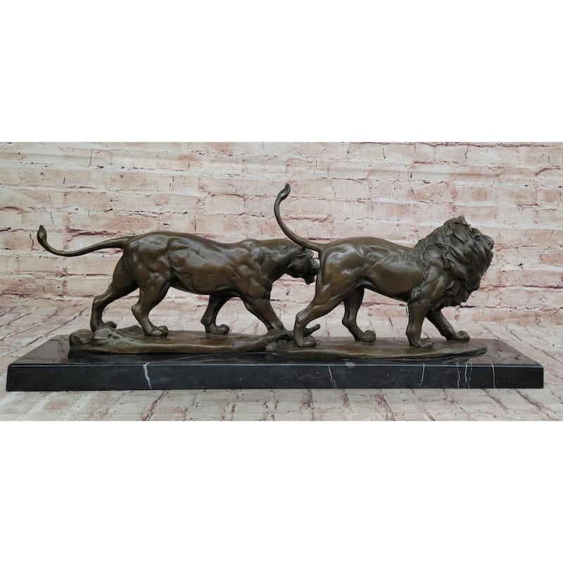 Male Female Imitative Lion Imitative Lions On The Prowl Bronze Sculpture Statue Signed Original Art
