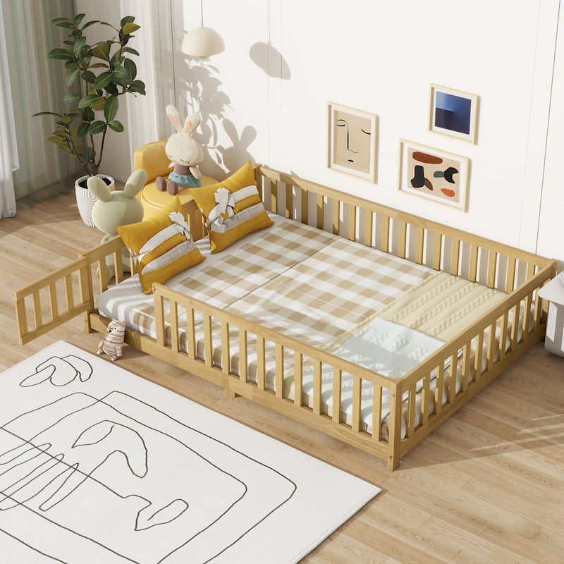 Full Size Floor Bed with Fence and Door,Safety Guardrails