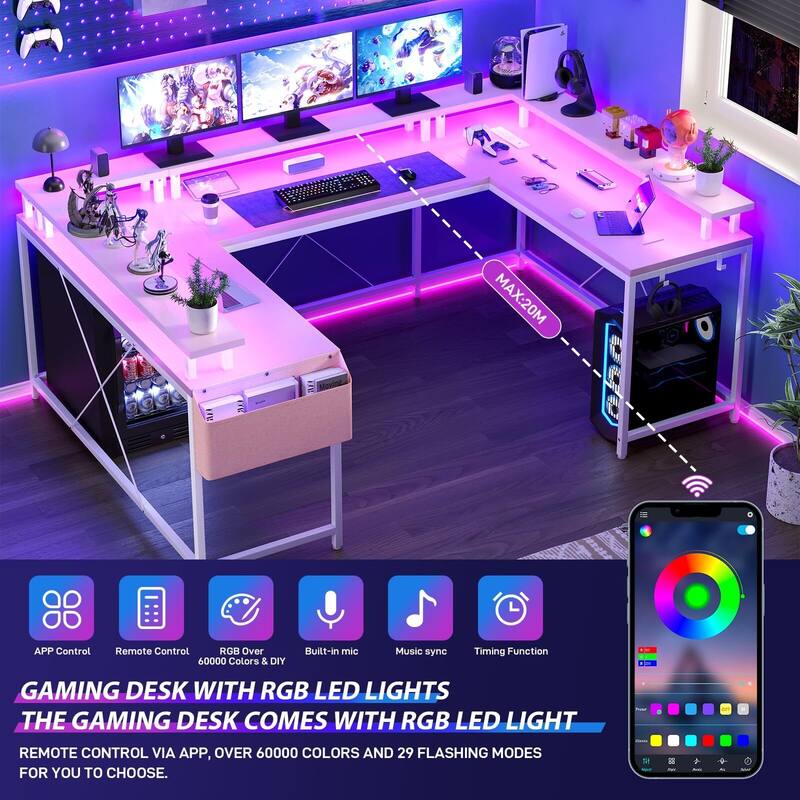 U Shaped Desk, 126 Inch Gaming Desk with Monitor Stand and LED Lights