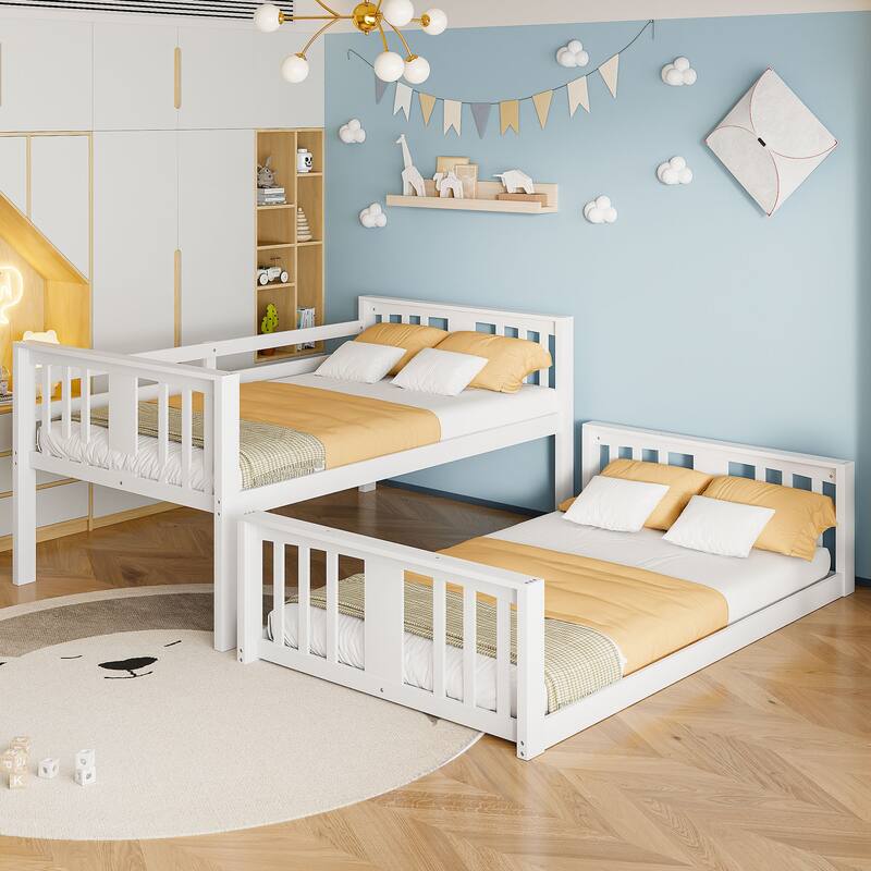 Twin Over Twin Floor Bunk Bed with Ladder, Solid Wood Bunk Bed Frame with Full-Length Guardrail, Detachable into 2 Separate Beds