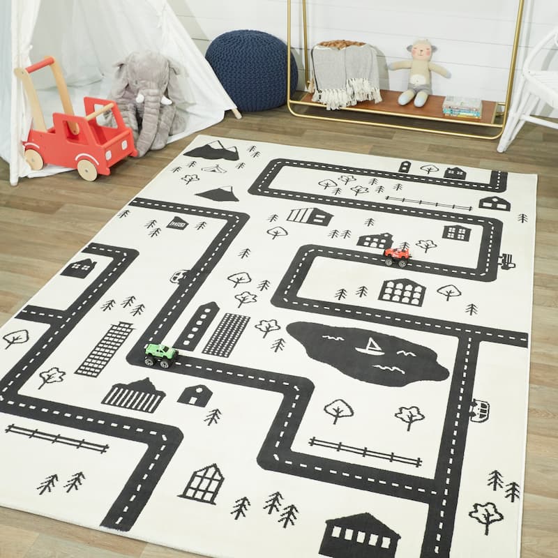 Mod-Tod Urban Adventure Road Map Kids' Rug - 3'11" x 5'7" - Ivory/Black