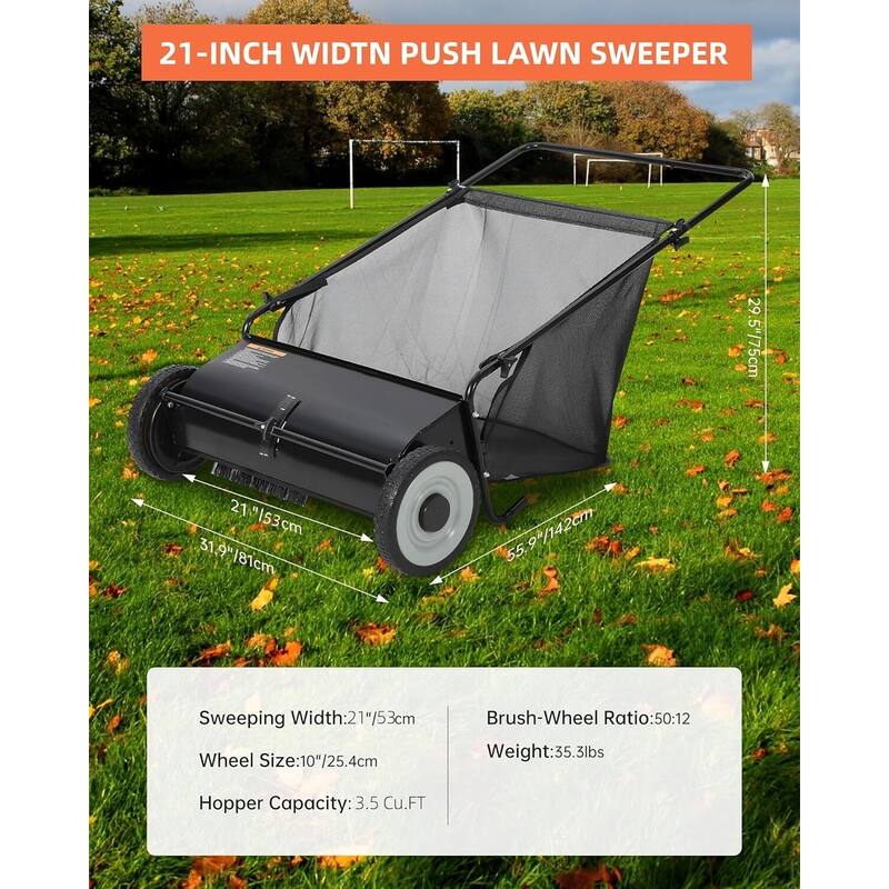 21-Inch Push Lawn Sweeper 35 cu. ft. Capacity Adjustable Height for Grass Leaves and Debris