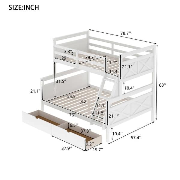 dimension image slide 0 of 2, Twin over Full Bunk Kids Bed with Ladder, 2-Under-Bed Storage Drawers, Full-Length Guardrails, Convertible to Two Beds, Grey