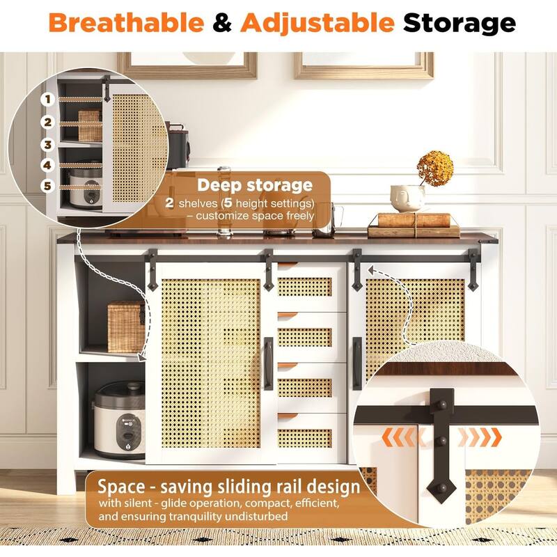 AECOJOY Rattan Sideboard Buffet Cabinet with Storage, Farmhouse Kitchen Cabinet w/Sliding Barn Doors & 4 Drawers
