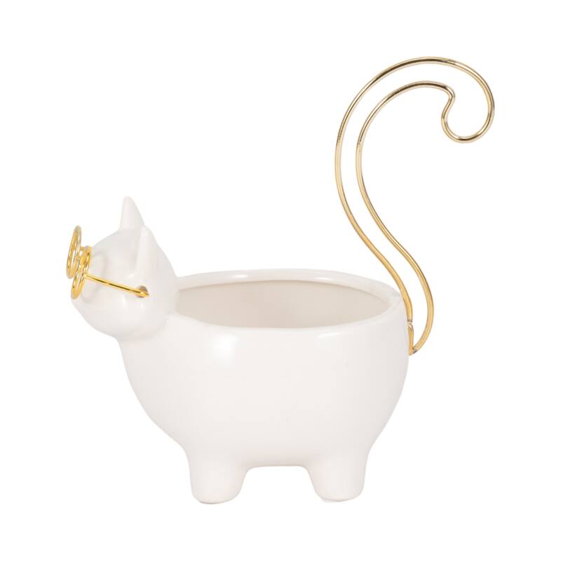 Sagebrook House Kitty Trinket Tray, White and Gold Ceramic Jewelry Holder/Organizer for Bathroom, Nightstand, Decor