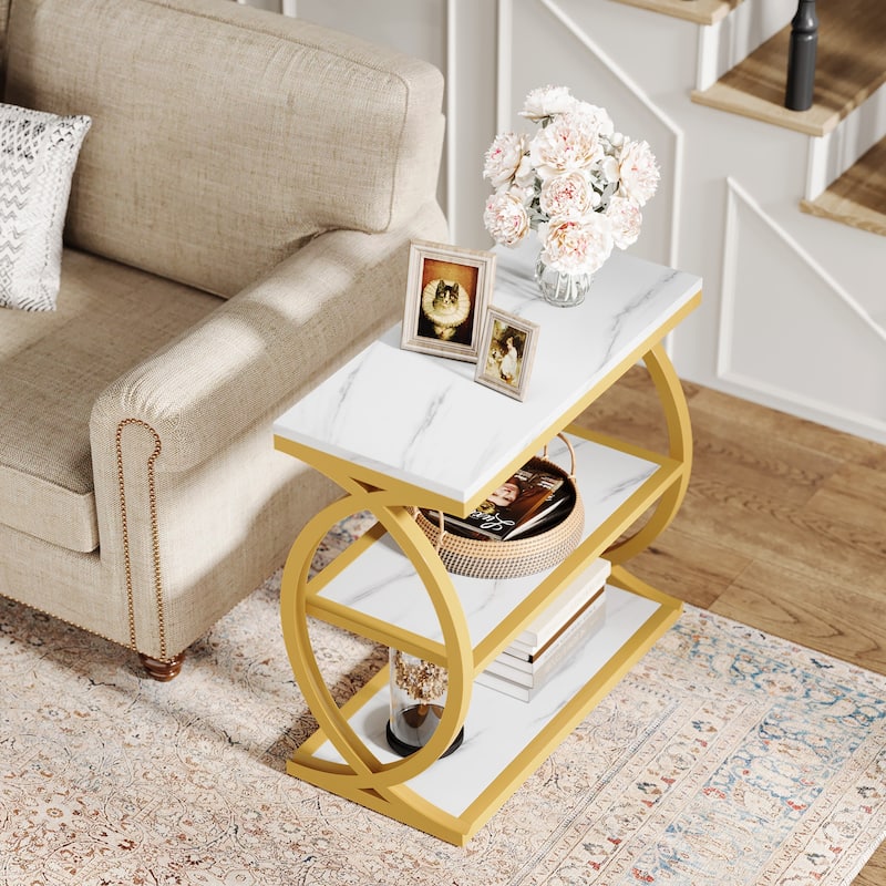 Small 3-Tier End Table for Living Room, Industrial Wooden Side Table with Metal Frame, Rustic Brown