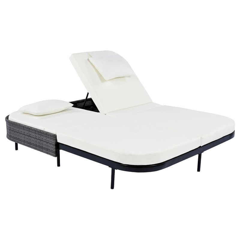 Patio Rattan Double Chaise Lounge Daybed with 5-Position Adjustable Backrest & Iron Frame