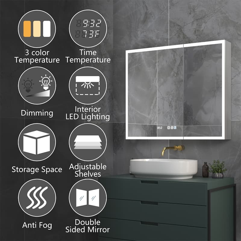 ExBrite 36" W x 30" H Led Lighted Medicine Cabinet Recessed or Surface with Clock - 36" x 30"