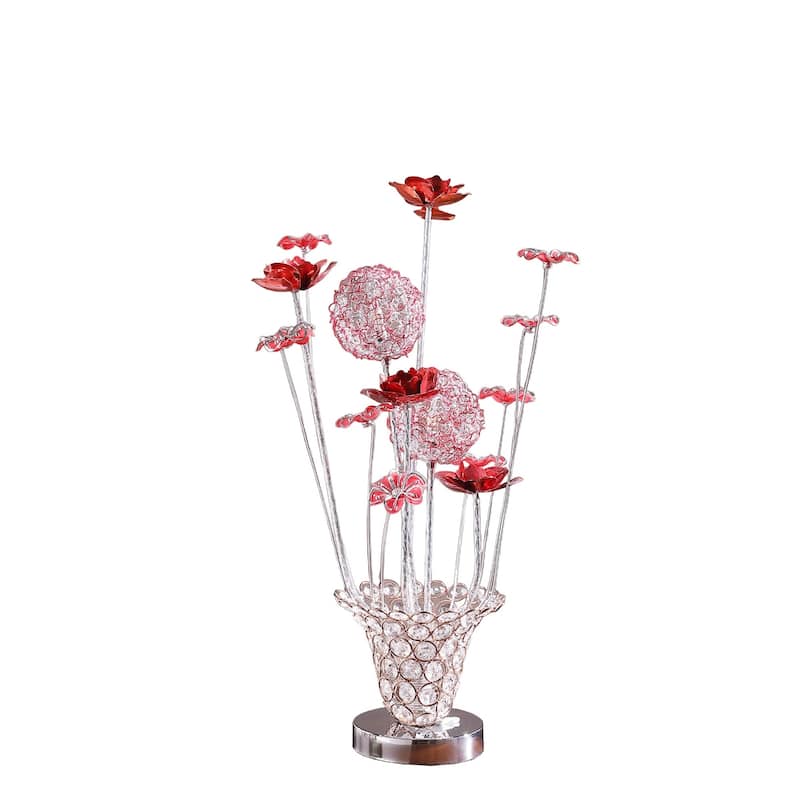 Silver Chrome Floral Table Lamp with Faux Crystal Vase and In-Line Switch - 7.5” x 7.5” x 20.75” (D x W x H) - Silver-Clear-Red