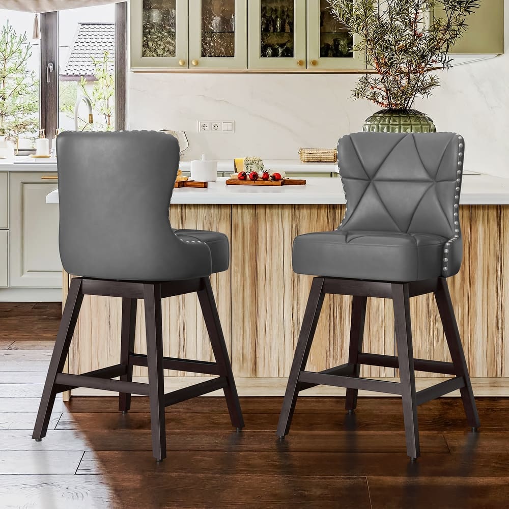26 in. Modern Faux Leather/Fabric Upholstered Swivel Bar Stools with Wood Frame for kitchen Island(Set of 2)