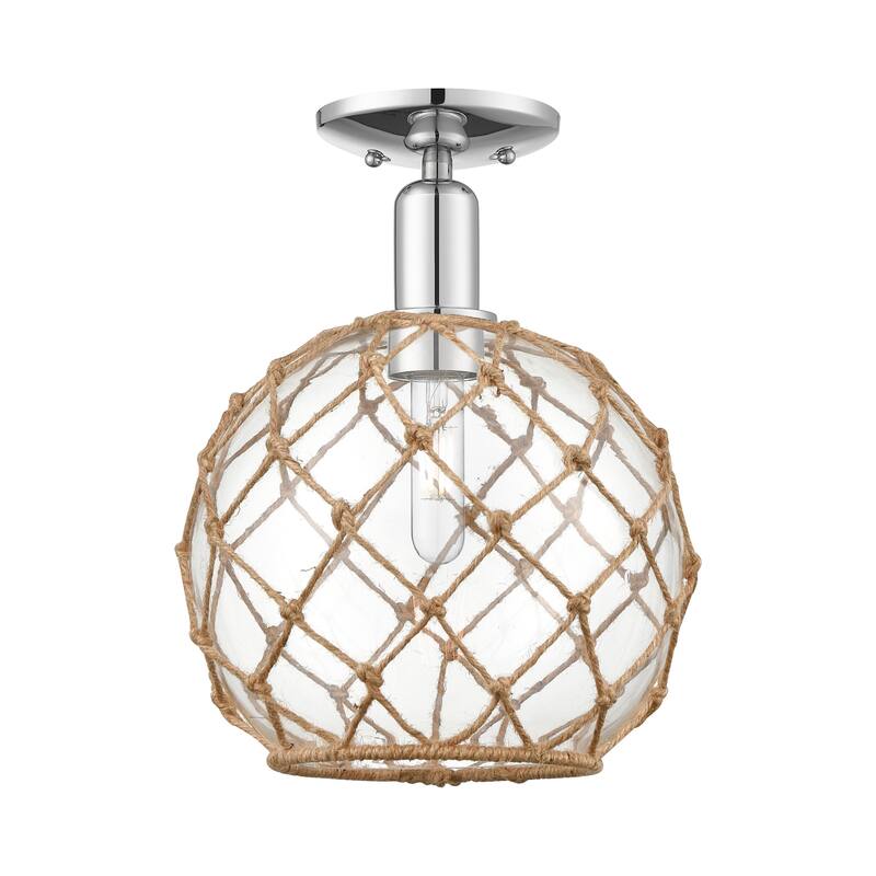 Innovations Lighting 716-1C-14-10 Farmhouse Rope Semi-Flush Farmhouse - Polished Chrome / Clear Glass with Brown Rope