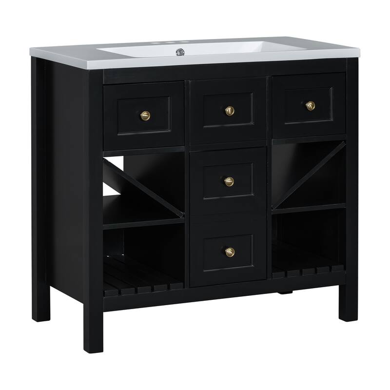 36" Bathroom Vanity with Resin Sink, 5 Drawers, Soft-Closing Doors, and Ample Storage - Freestanding Cabinet in Blue