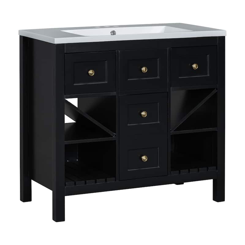 Bathroom Vanity with Resin Top Sink, Bathroom Storage Cabinet with 5 Drawers, Bathroom Vanity Set with 4 Open Shelves