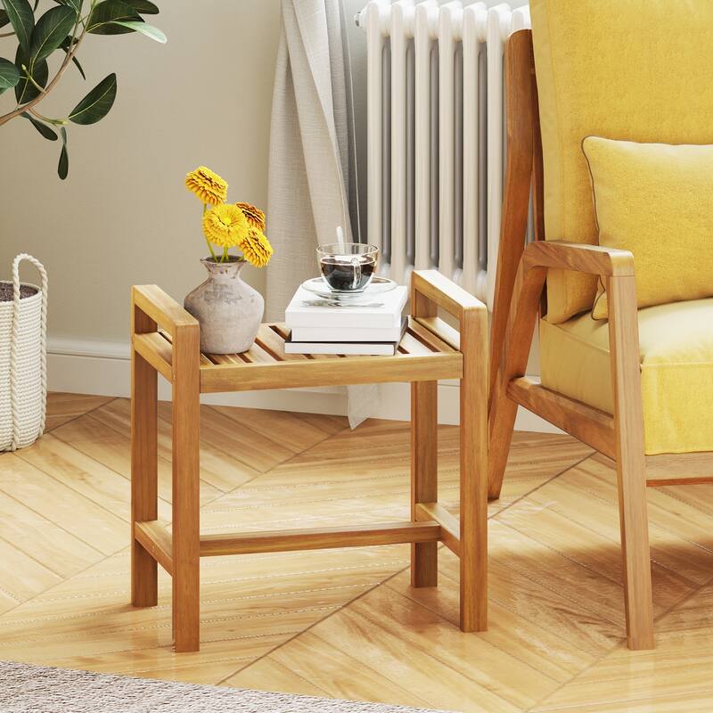 Gymax Teak Wood Shower Bench Solid Wood Stool for Inside Shower