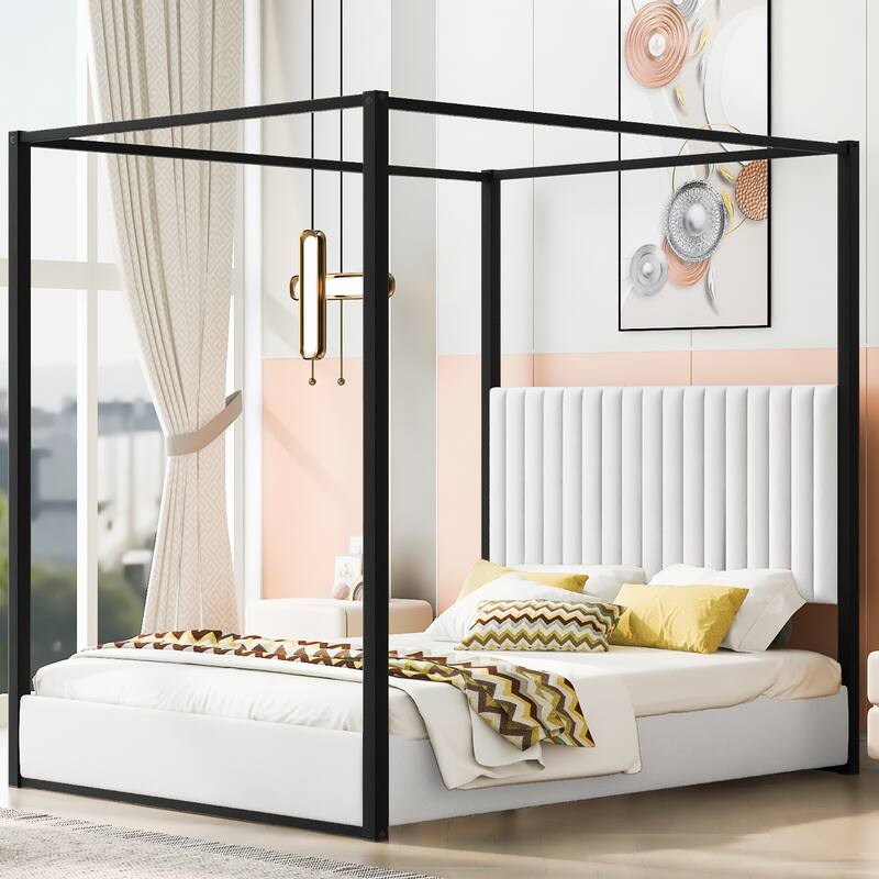 GDFStudio - Modern Upholstered Velvet Canopy Platform Bed with Metal Frame
