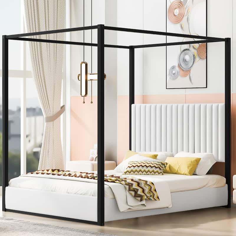 Upholstery Metal Frame Canopy Platform Bed with Headboard