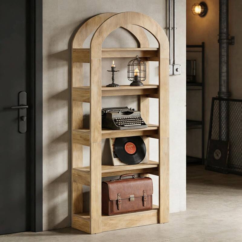 Modern Arched Bookshelf with 5 Shelves, Teak Finish MDF Storage Bookcase for Living Room or Office